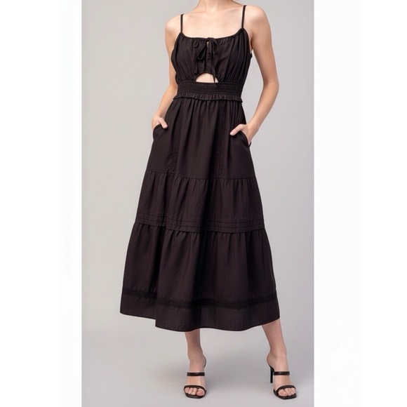 LISA SAYS GAH Claudia Cotton/Linen Midi Dress, Black, XS